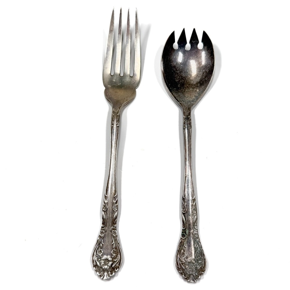 Floral Salad‎ Serving Fork & Spoon Set - Vintage 1920s-40s Nickel Silver Ornate